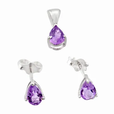 1.50cts Natural Purple Amethyst Pear 925 Sterling Silver Pendant Earrings Set • $6.99