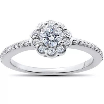 Halo Diamond Engagement Ring 1/2 Ct 14k White Gold Solitaire Round Brilliant Cut • $472.49