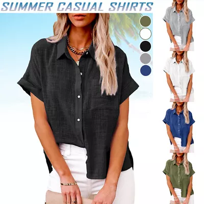 Womens Casual Blouse Cotton T-Shirt Short Sleeve Linen Ladies Button Tops Tunic • £8.97