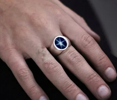 1.80 Ct Men's Star Sapphire Ring 10k Solid White Gold Blue Star Sapphire Ring • $184.49