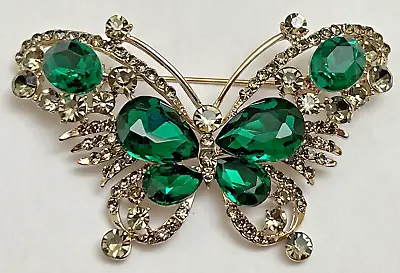 Green Crystal Rhinestone Butterfly Brooch Pin Vintage Glass Insect Big Bug Large • $11.99