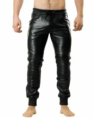 New Men Elastic Lace Pant Genuine Black Lambskin Leather Jogger Style All Size • $124.99