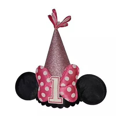 Minnie Mouse 1st Birthday Cone Hat Pink Black  Bow Polkadot 9  Picture Prop  • $9.98