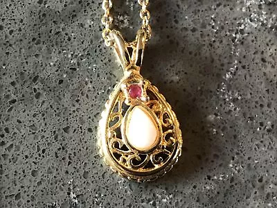 Vintage Pendant Necklace Gold Tone Filigree Round Ruby And Opal Teardrop Pretty • $15