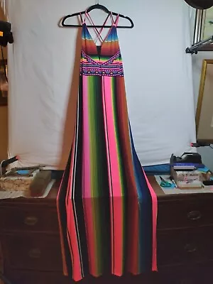 Maxi Dress LARGE High Slit Spaghetti Aztec Geometric Glow-in-dark Colors Keyhole • $15