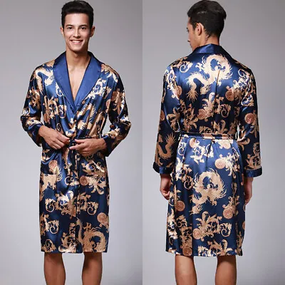 Men Satin Robe Dragon Luxurious Silk Spa Long Sleeve Kimono Bathrobe • $22.99