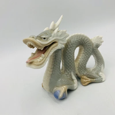 $45 • Buy Vtg Japan Porcelain Foo Dragon Figurine 5” Signed Grey White Blue Sphere