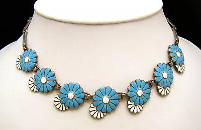 Vintage Margot De Taxco Sterling Silver Blue White Enamel Daisy Necklace • $712.49