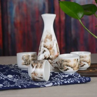 Japanese Traditional Triangle Style Snow Mountain View 5 Piece Sake Set Gift Box • $39.95