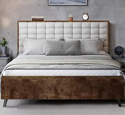 Queen Bed Frame W/ Headboard Wood Queen Bed Frame Mid Century Modern Bed Frame • $238.03