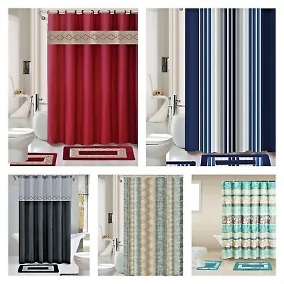 15pc Shower Curtain Fabric Hooks  Bath Mats Rugs Complete Bathroom Set Gr2 • $20.40