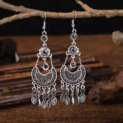 Gorgeous Women Ancient Silver Bohemian Earrings Half Moon Flowers Tassel 1497 • $9.99