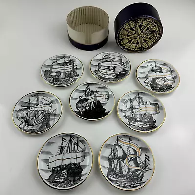 Fornasetti Milano Velieri Vtg Set Of 8 Tall Ship Coasters 4  Bonwit Teller MCM • $725