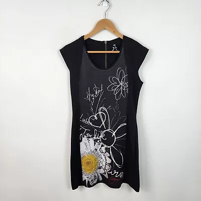 Desigual Dress Womens Large Black Pencil Floral Short Sleeve Arty Quirky  • $39.90