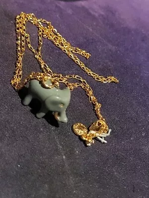 J. Crew Goldtone Green Gray Enamel Elephant Pendant 26  Chain Necklace • $22