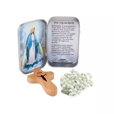 Blessed Mother Of Mercy Mary Prayer Shrine Tin With Wooden Cross & Pearl Rosary • $16.99