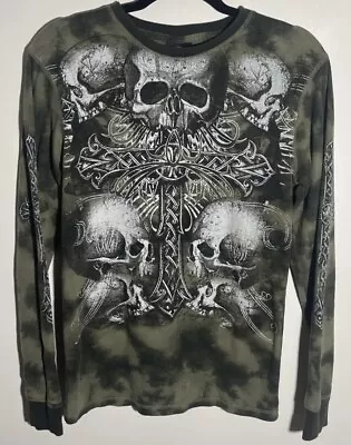 MMA Elite Shirt Adult Small Green Skull & Cross Tribal Thermal Sleeve Y2K • $39.99