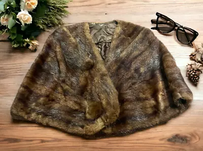 Vintage Mink Brown Real Fur Wrap Shawl Capelet Satin Lining MCM Cape Scarf • $129.99