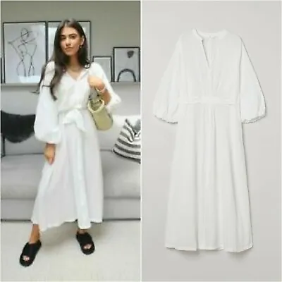 H&M HM TREND Crinkled Kaftan DRESS Cotton Blend White Belted • $39.99