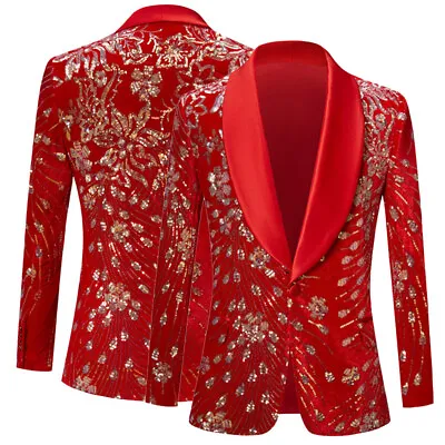 Men's Sequins Tuxedo Jacket Shiny Glitter Floral Dress Suit Blazer Coat Party • $60.73