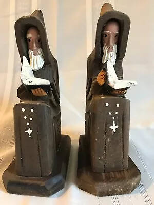 Vintage~wood Carved Hooded Monk Book End Pair (2)~painted Face Bible & Rosary   • $18.32