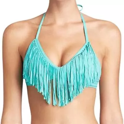 NWT L Space Pool Side S Solid Teal Fringe Halter Bandeau Bikini Swim Top #100157 • $34