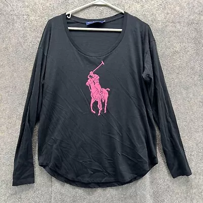 Polo Ralph Lauren Shirt Women Large Adult Black Pink Big Pony Pink Long Sleeve • $28.88