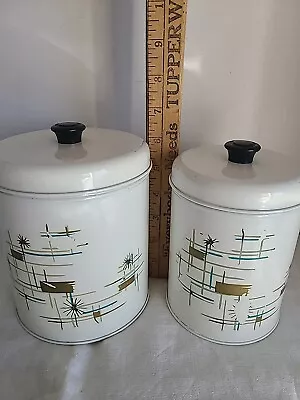 Vintage 2 PC Nesting Tin Canister Set ;ATOMIC DESIGN RETRO • $28