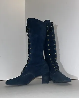 Vintage 60s 70s Blue Suede Studded Lace Up Knee High GoGo Boots Size 8 • $150