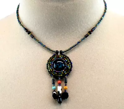 Green Glass Seed Bead Necklace Multicolor Mandala Beaded Pendant Boho Choker • $17.99