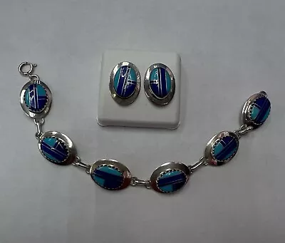 Vintage Navajo Turquoise & Lapis Inlay Sterling Silver Bracelet & Earrings 20.2g • $99.99