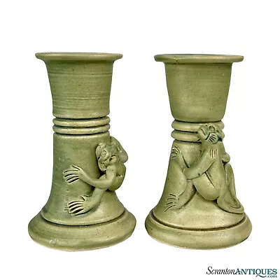 Vintage Balinese Soapstone Celadon Green Monkey Candlestick Holders - A Pair • $115