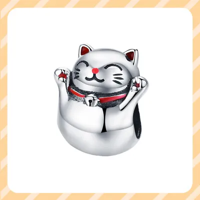 New Maneki Neko Cat Silver Dangle Charm 925 Sterling Silver Women Bracelet Charm • $15