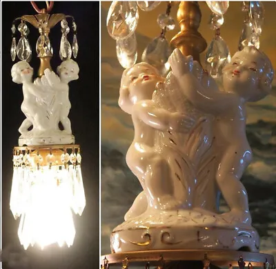 Vintage Cherub SWAG Plugin Crystal Prism Lamp Chandelier Porcelain Capodimonte • $149