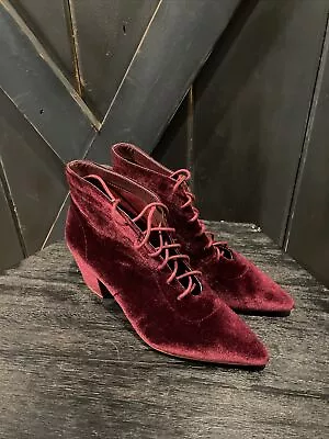 NEW - Miss L Fire Velvet Lace Up Booties Boots Crimson Anthropologie - Size 39 • $114.99