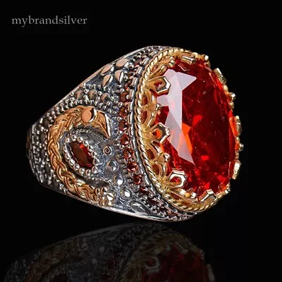 Solid Sterling Silver Turkish Handmade Jewelry Red Zircon Men's Ring All Size • $49