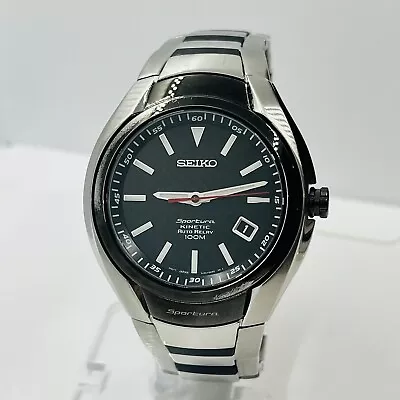 Seiko Sportura Kinetic Men’s Auto Relay 10ATM Black/Silver 40mm Watch 5J32-0AM0 • $200