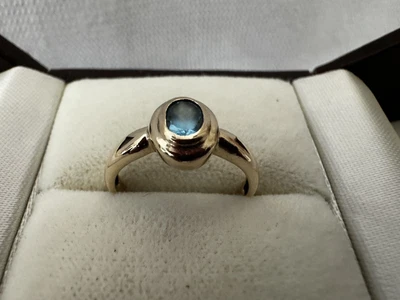 Solid 9ct 375 Gold Blue Topaz Bezel Set Ring Band Size 5 J • $169