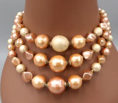 3 Strand Faux Pearl Choker Necklace Peach Cotton Ball Pearls 50s Nostalgia Vtg • $14