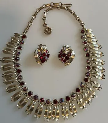 Vintage LISNER RED & RED A/B Rhinestone CLEOPATRA Gold Tone Necklace Earring SET • $50