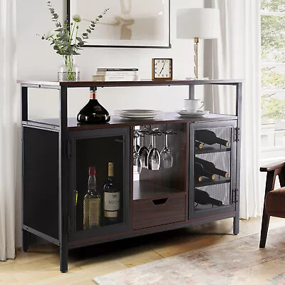 New 43  Industrial Brown Wine Bar Cabinet Liquor Glasses Wine Rack Table Kitchen • $169.99