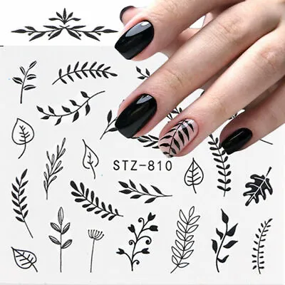 Nail Art Water Decals Stickers Transfers Black Leaf Flowers Fern Floral (810) • £1.49