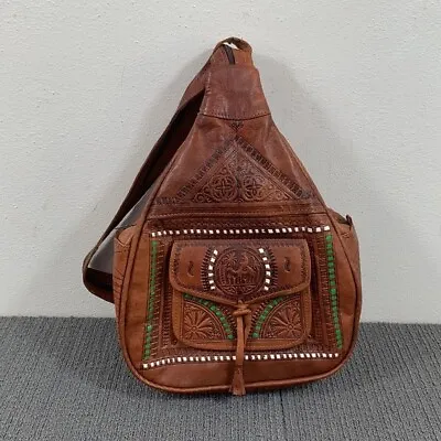 Moroccan Crossbody Backpack Womens Medium Brown Leather Embossed Handmade • $50.24