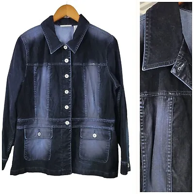 Vintage Liz Denim Velvet Flocked Jacket Size Large Petite Cowgirl Coat Black Blu • $28.99