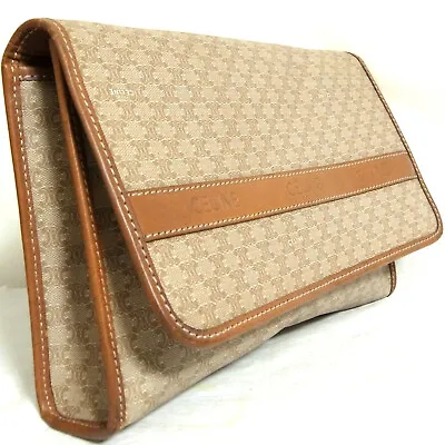 Auth Vintage CELINE Macadam Beige Brown PVC Leather Clutch Bag Purse Made Italy • $98