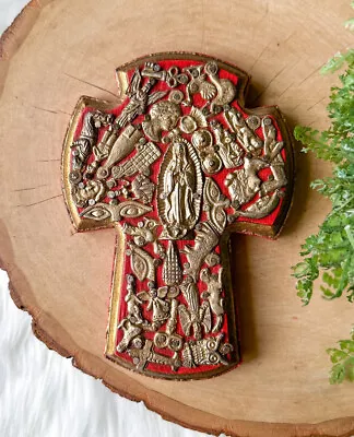 Milagros Cross Beautiful Red & Gold Mexican Folk Art Wall Art Made In Mexico VTG • $79.88