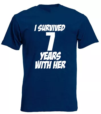 I Survived 7 Years Her T-Shirt 7th Wedding Anniversary Gifts For Husband Him Men • £8.99