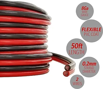 Red & Black 8 Gauge 50ft Feet Power Wire AWG CCA Speaker Cable Subwoofer Zip Sub • $39.99