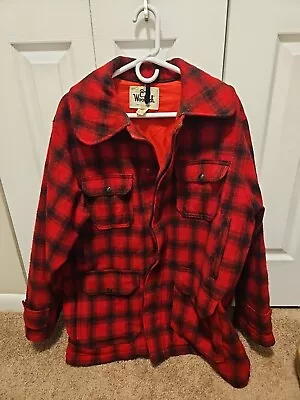 Woolrich Men's Vintage Wool Jacket Red Black Plaid Mackinaw Hunting Insulated • $37