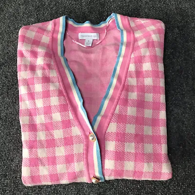 Charter Club Cardigan Sweater XL Pearl Button Retro 50s Pink Plaid Barbiecore • $34.98